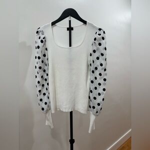 114. Elegant White Top with Polka Dot Sheer Sleeves